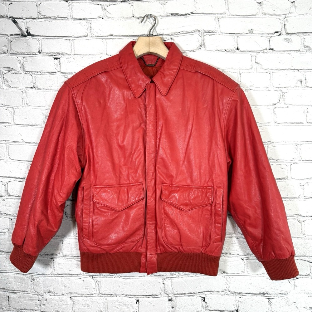 Vintage‎ Pelle Red Leather Bomber Jacket Women's M Ribbed Cuffs Korea Lined